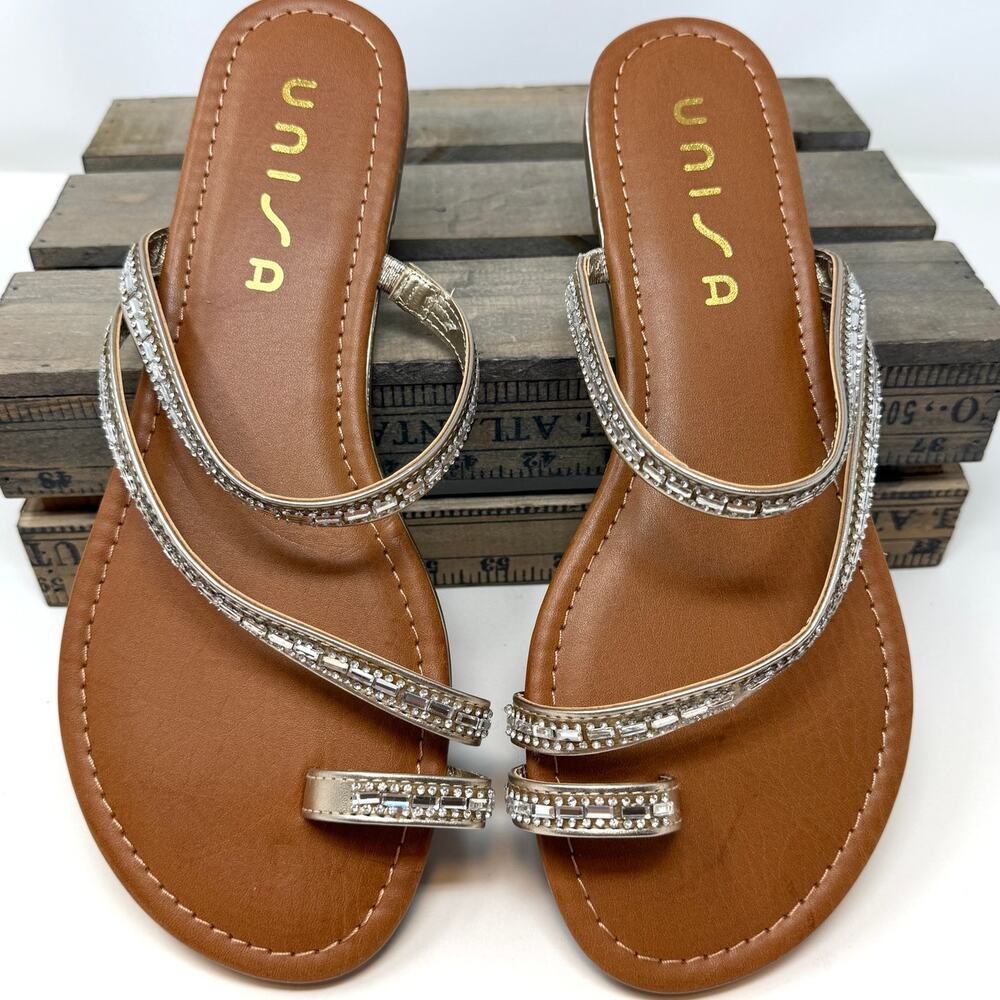 Unisa Undeligh Rhinestone Embellished Toe Loop Sandals Silver Brown Size 11 New
